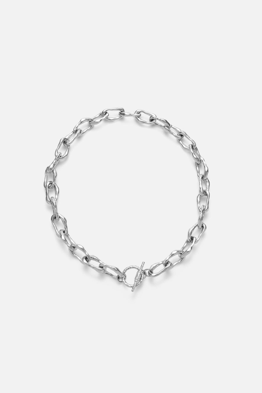 Silver-tone chunky oval link necklace, front view on a light background