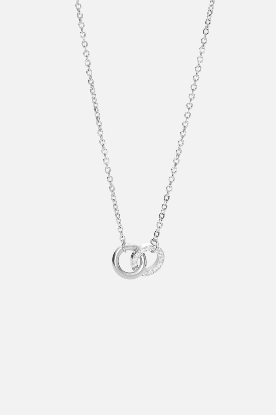 Silver-tone interlocking circles necklace, front view on a light background