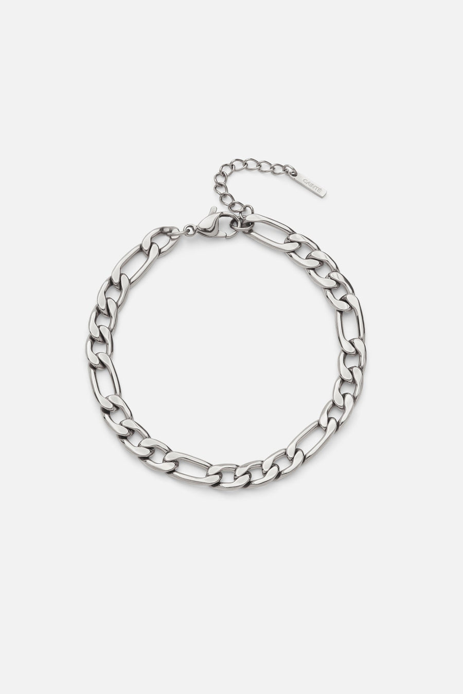Silver-tone figaro chain bracelet, front view on a light background