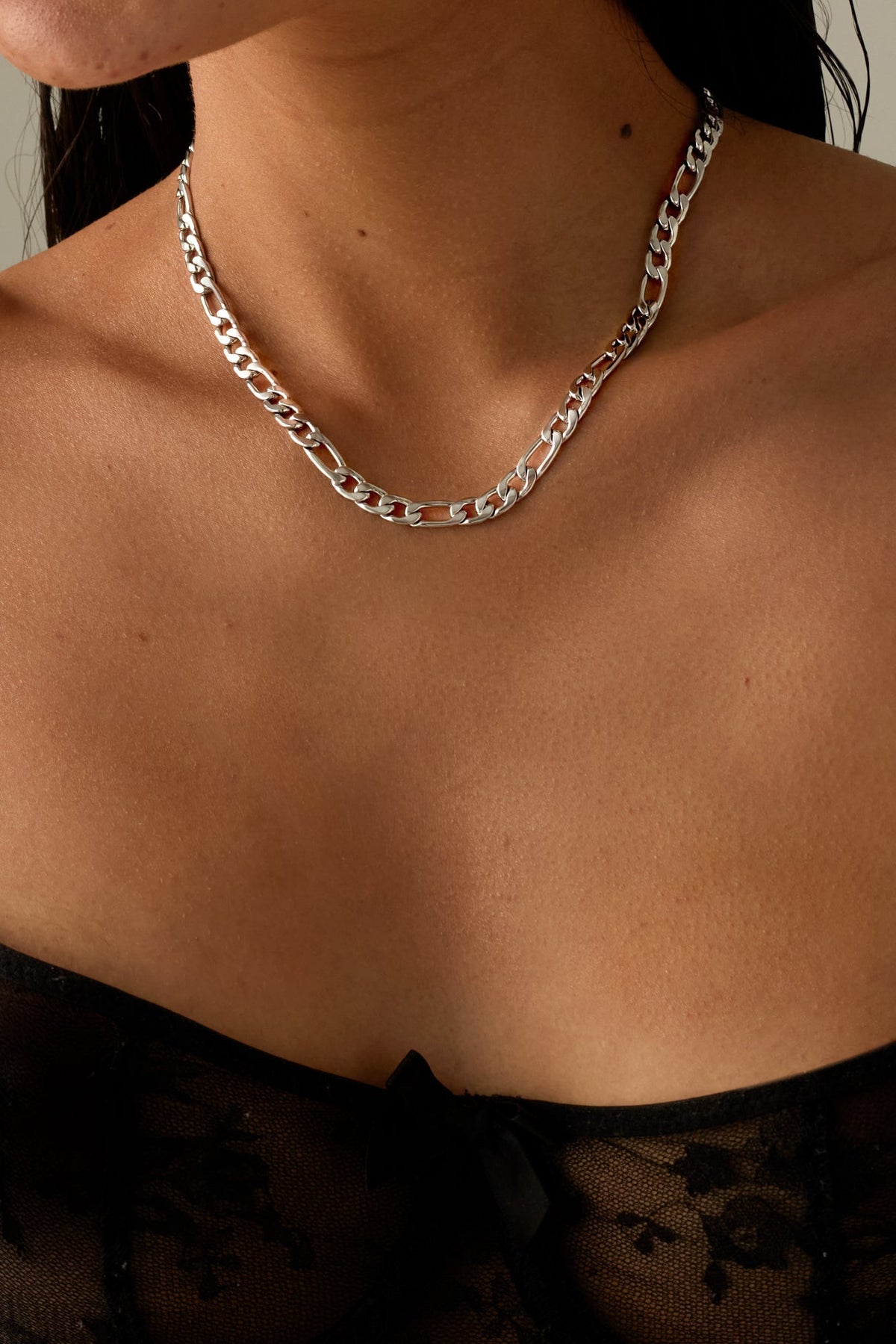 Silver-tone figaro chain necklace, relaxed style, view 6 of 7