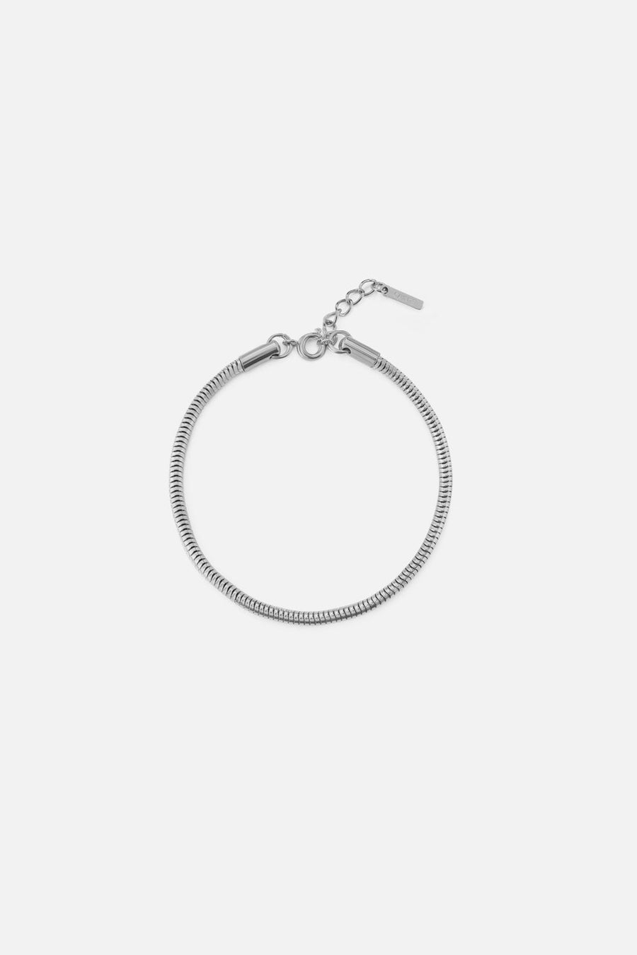 Silver-tone round snake chain bracelet, front view on a light background