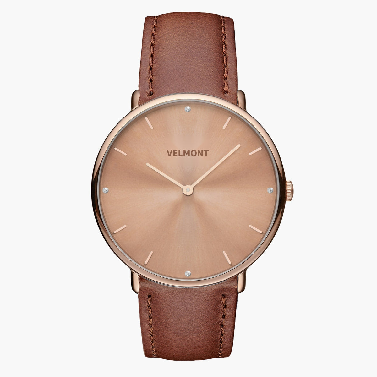 Watch with a rose gold-tone sunburst dial and rose gold-tone case on a brown strap, shown from the front.