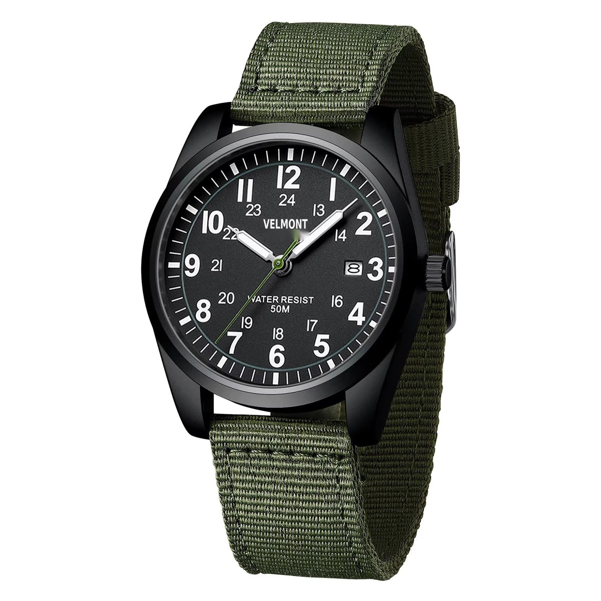 Black case field watch with black dial