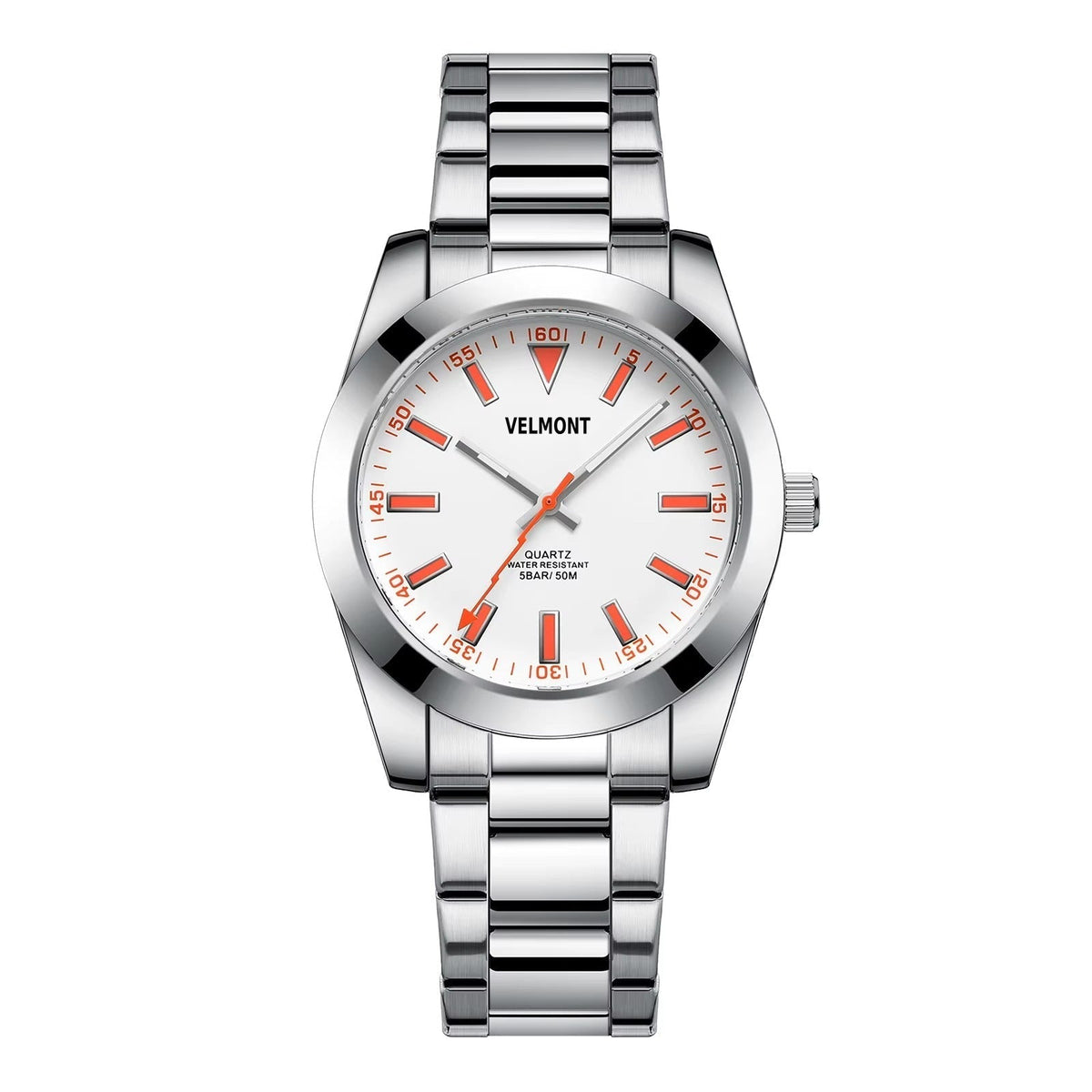 Steel watch with white dial and orange markers