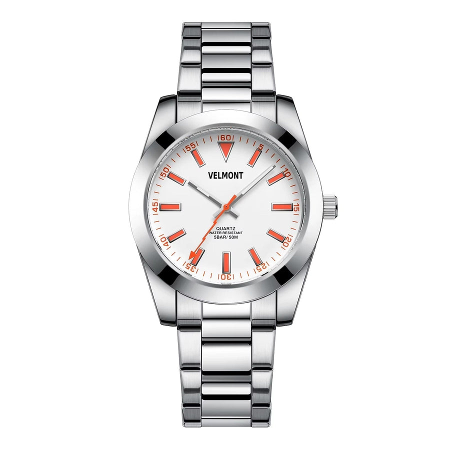 Steel watch with white dial and orange markers