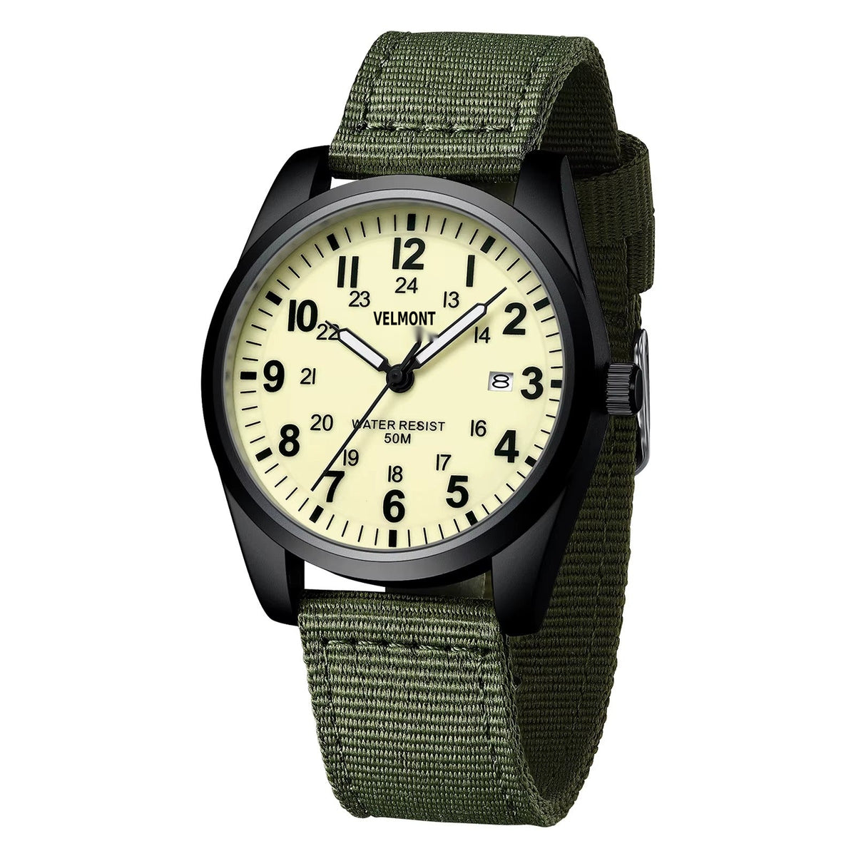 Black case field watch with pale dial