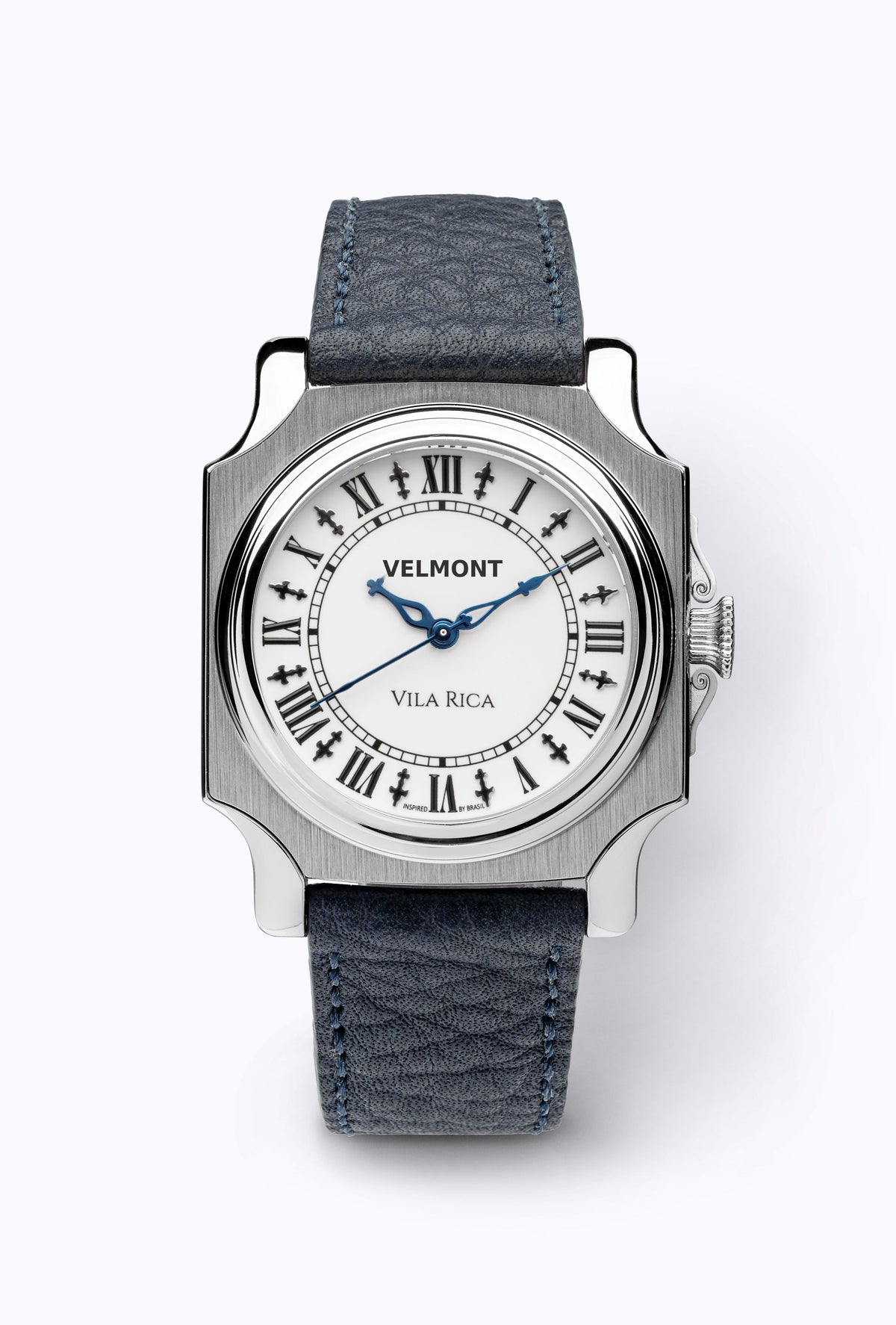 Cushion-case watch with Roman numeral dial on a blue strap