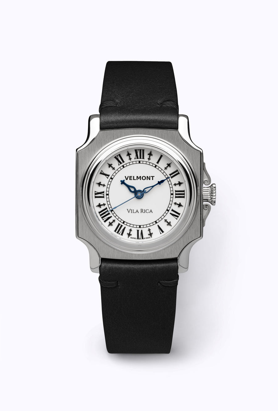 Small cushion-case watch on a black strap