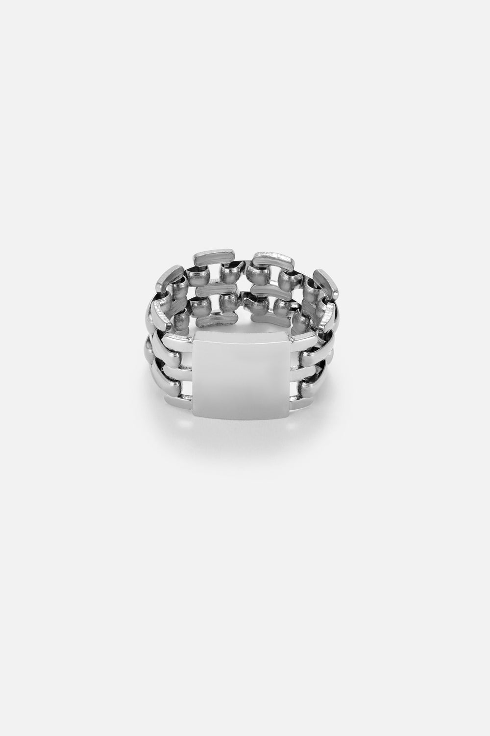 Silver-tone chunky chain link ring, front view on a light background