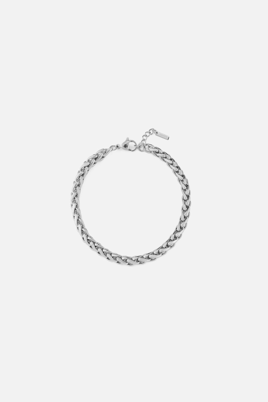 Silver-tone 5 mm wheat chain bracelet, front view on a light background