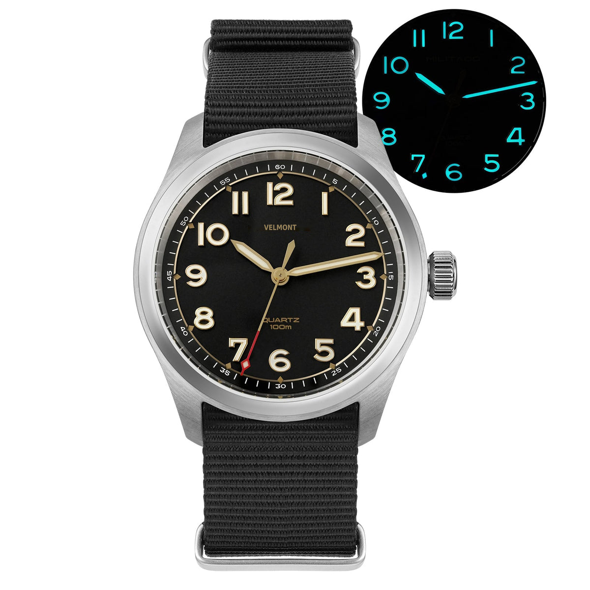 Black-dial field watch on a black nylon strap with glow-in-the-dark inset