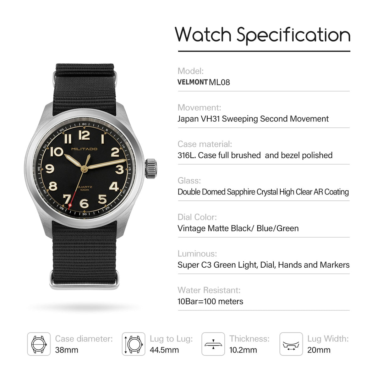 Specification card with case measurements of the field watch