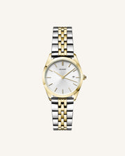 Two-tone watch with silver sunray dial and date, front view