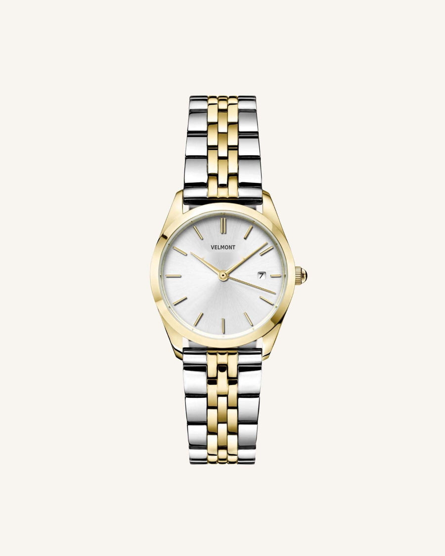 Two-tone watch with silver sunray dial and date, front view