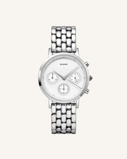 Silver-tone watch with three sub-dials and link bracelet, front view