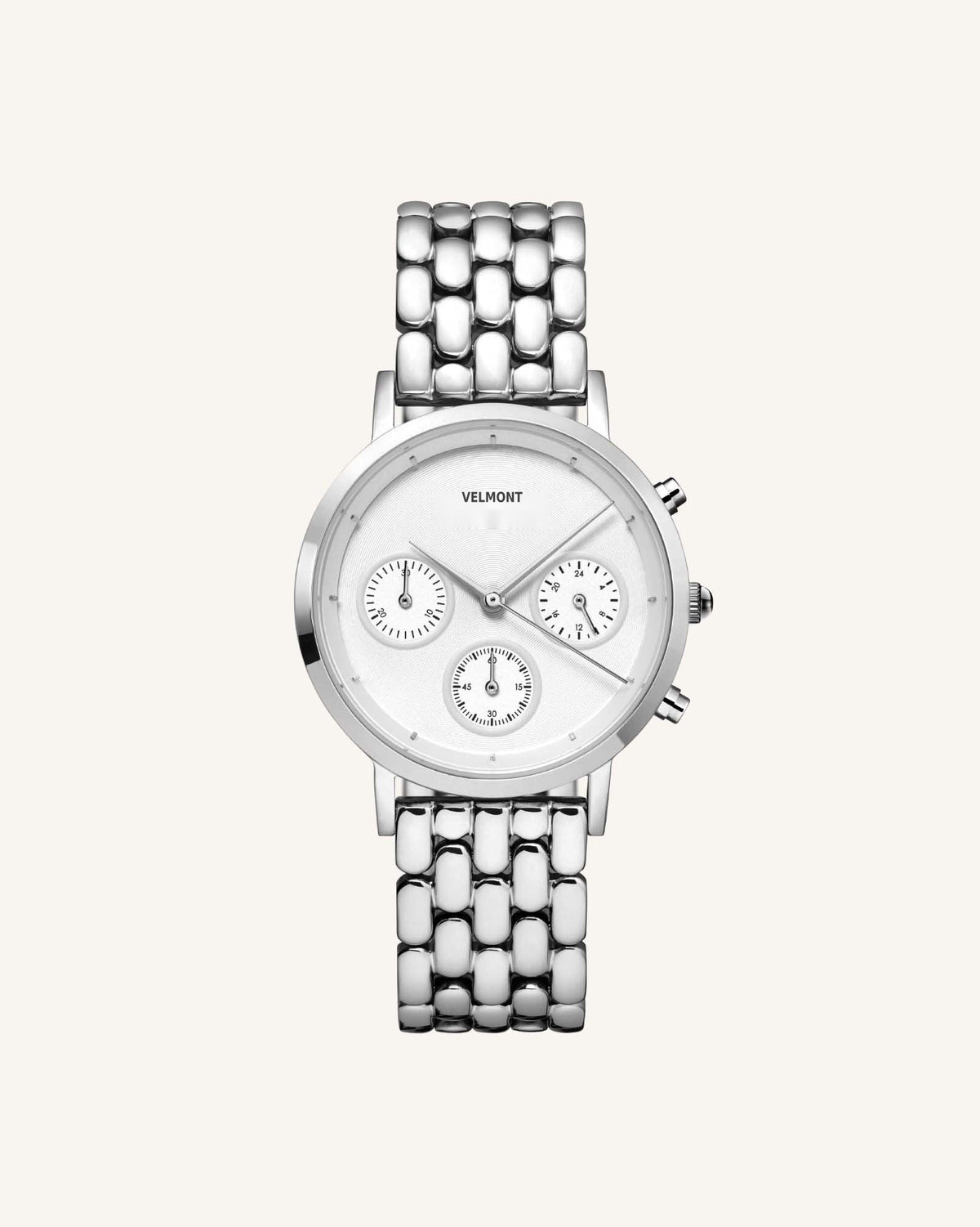 Silver-tone watch with three sub-dials and link bracelet, front view