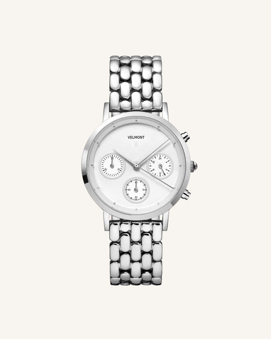 Silver-tone watch with three sub-dials and link bracelet, front view