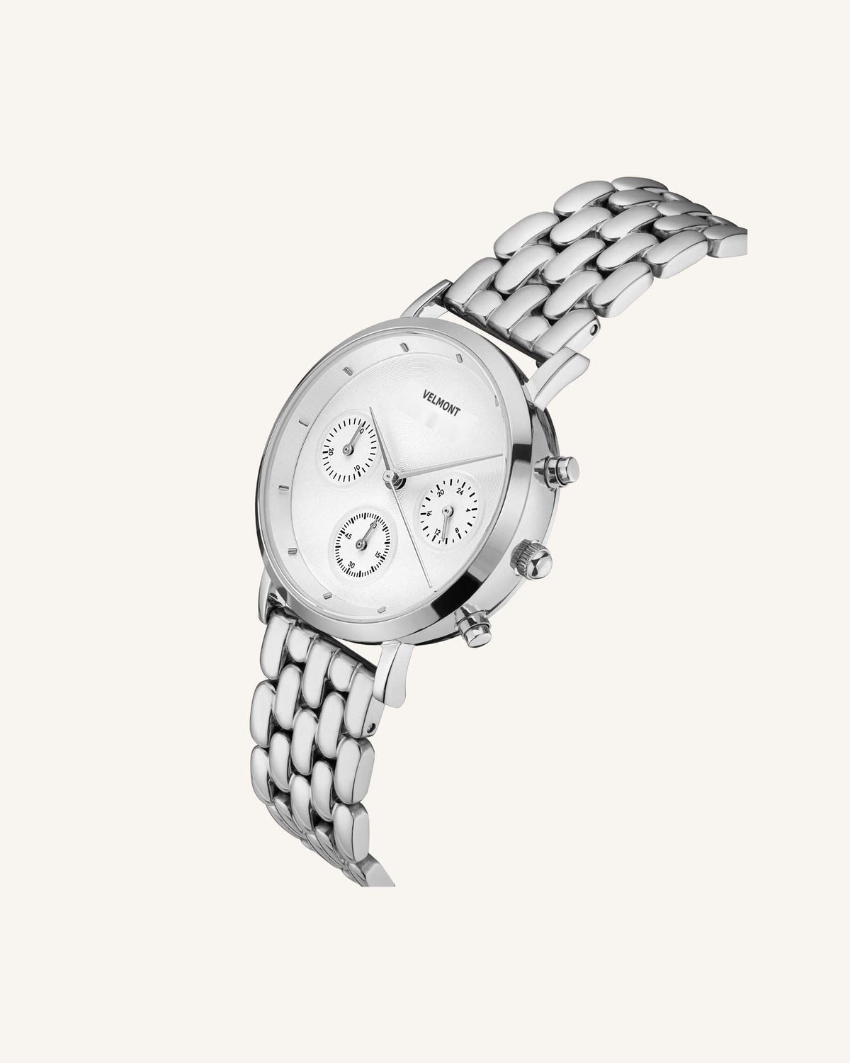 Silver-tone sub-dial watch at an angle