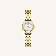 Gold-tone octagon watch with faceted crystal, front view