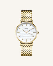 Gold-tone round watch with iridescent dial, front view