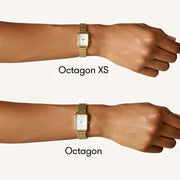 Size comparison of two octagon watches on a wrist