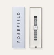 Silver-tone rectangular watch in its gift box