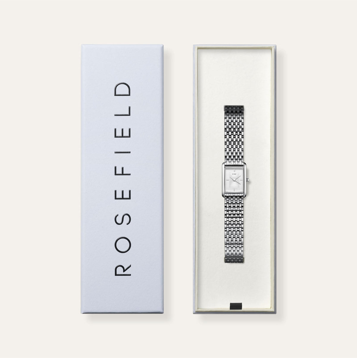 Silver-tone rectangular watch in its gift box