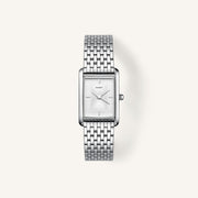 Silver-tone rectangular watch with white sunray dial, front view