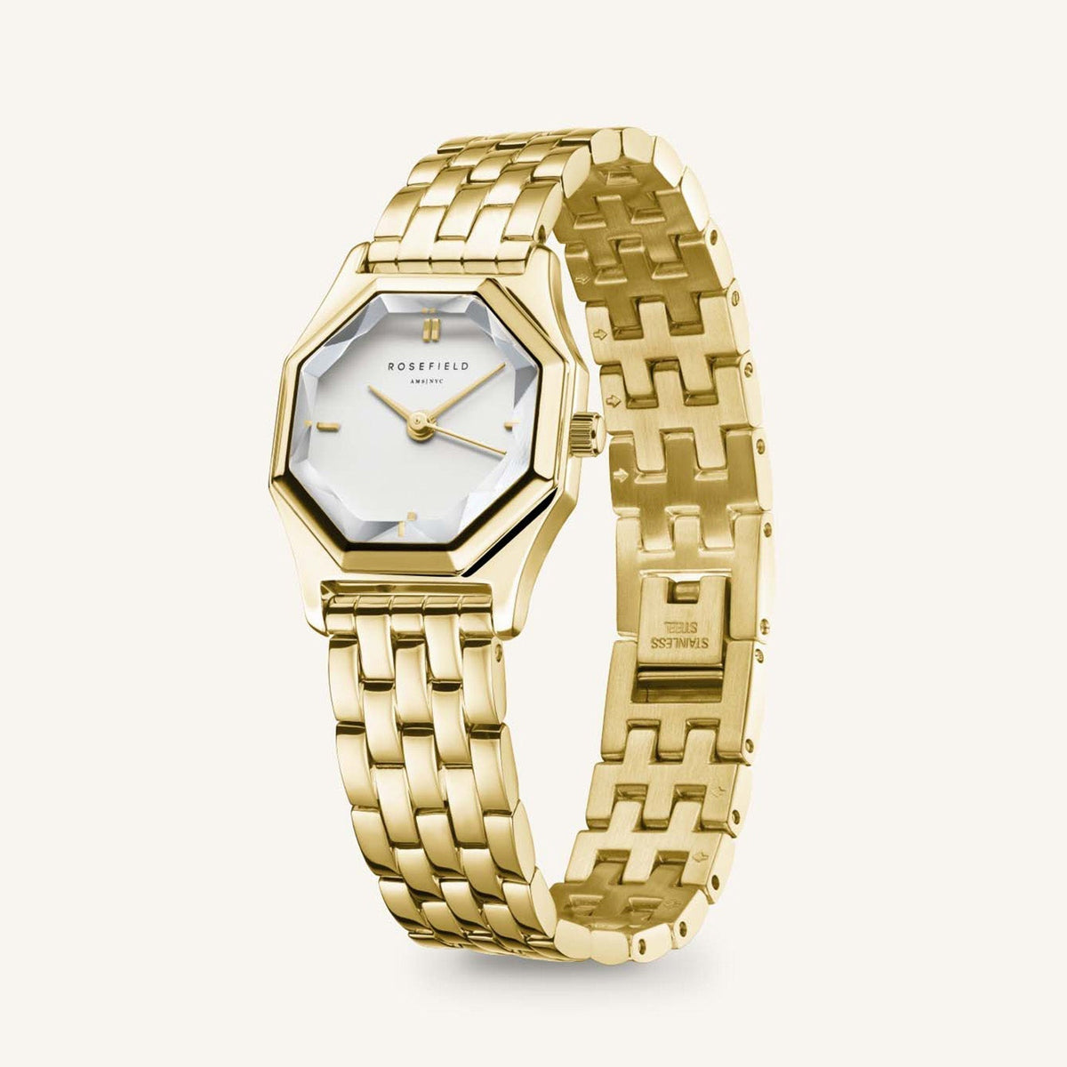 Octagon watch with bracelet, angled view