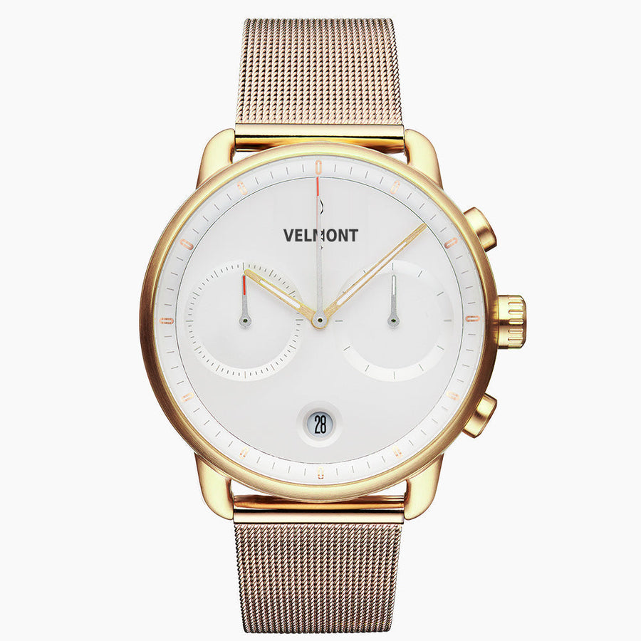 Chronograph-style watch with a white dial and gold-tone case on a fine mesh strap.
