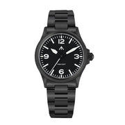 Black-finish pilot-style watch on a black bracelet