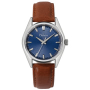 Blue sunburst dial dress watch on a brown strap