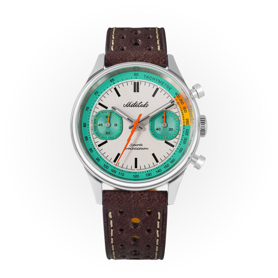 White-dial chronograph with mint green sub-dials