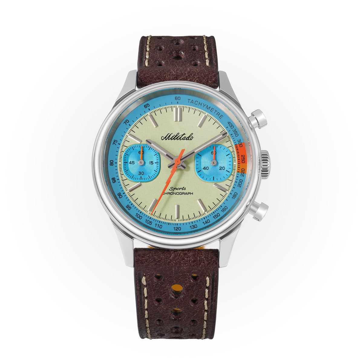 Cream-dial chronograph with light blue sub-dials, front view