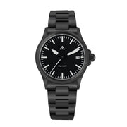 Black-finish pilot-style watch with date at 3
