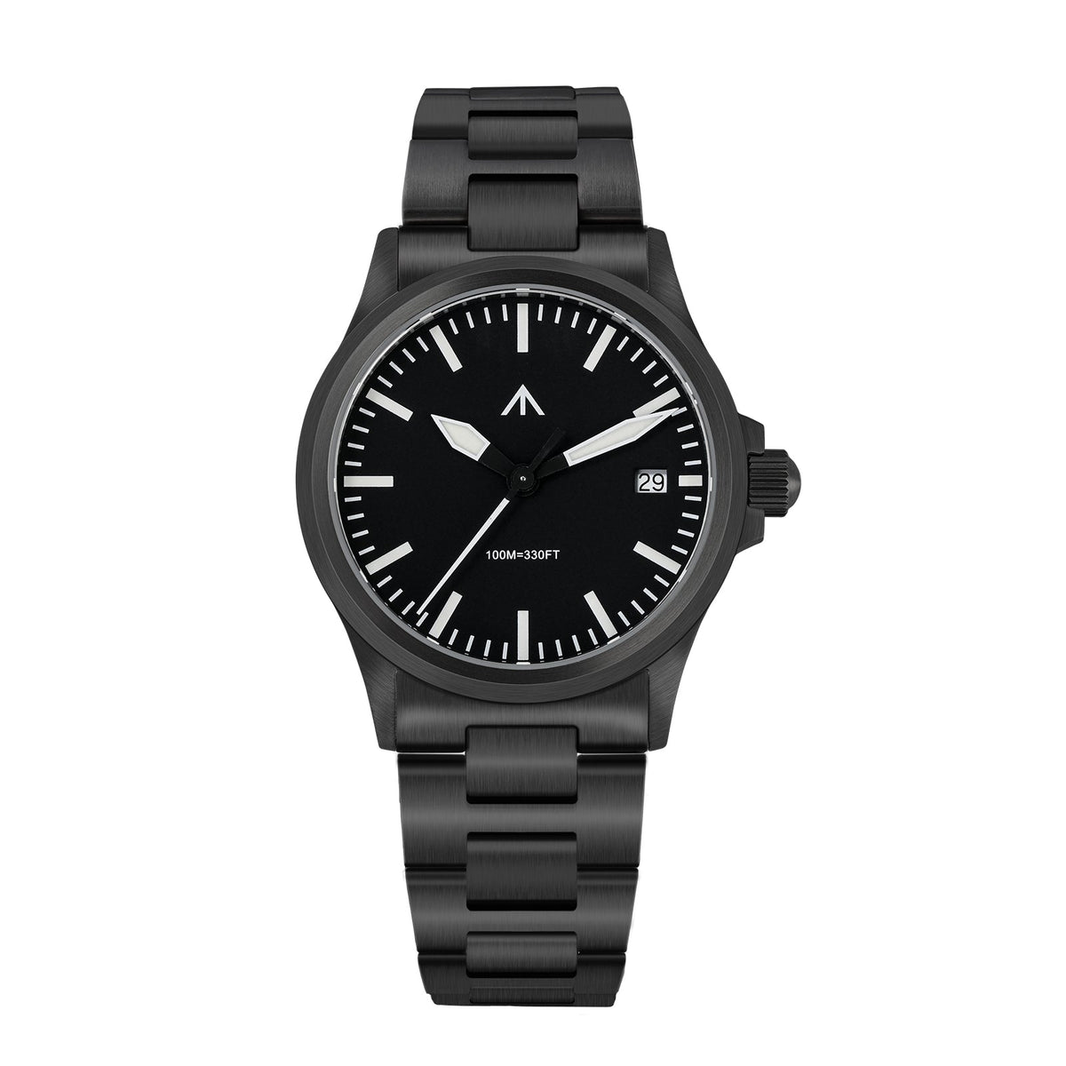 Black-finish pilot-style watch with date at 3