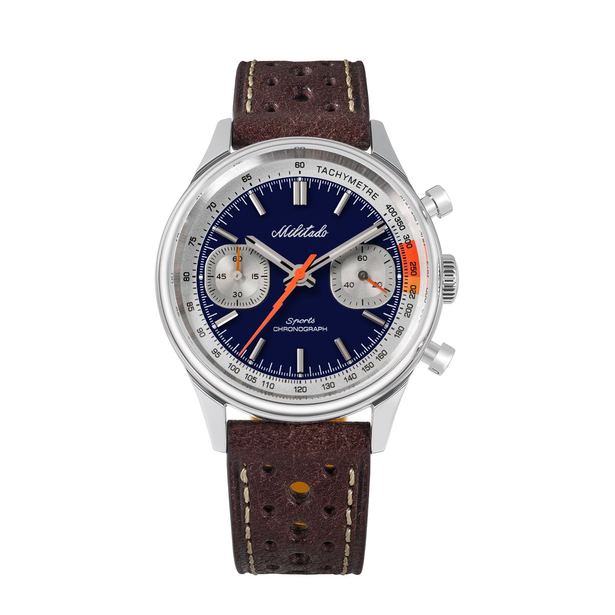Deep blue dial chronograph with white sub-dials