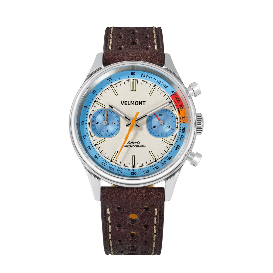 Cream-dial chronograph with light blue sub-dials on a brown perforated strap
