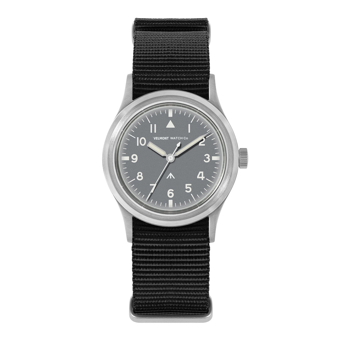 Gray-dial field watch on a black nylon strap
