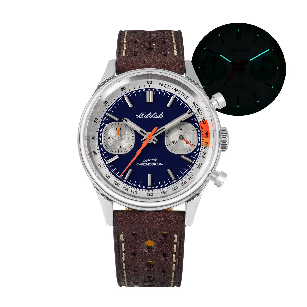 Deep blue chronograph with glow inset