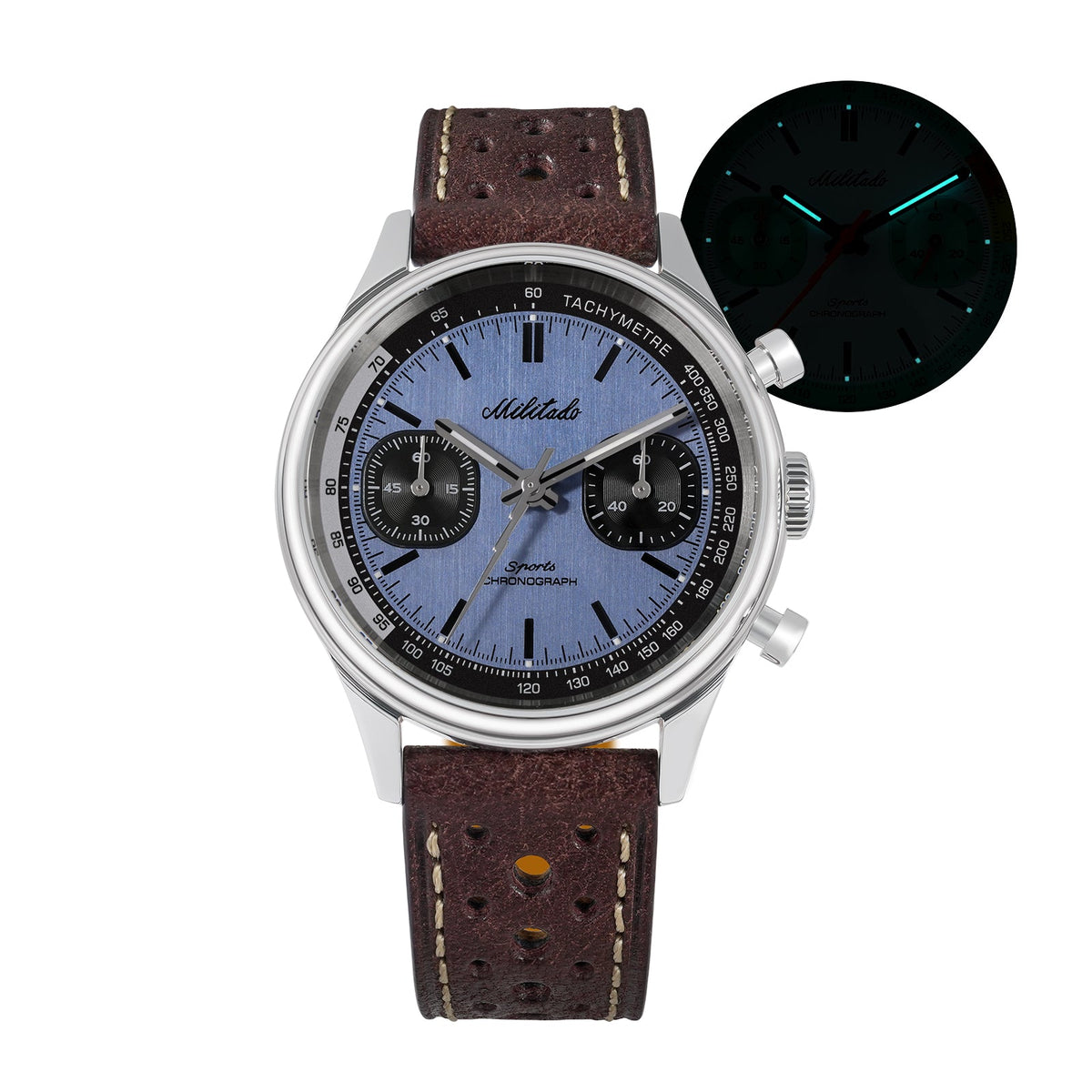 Blue and black chronograph with glow inset