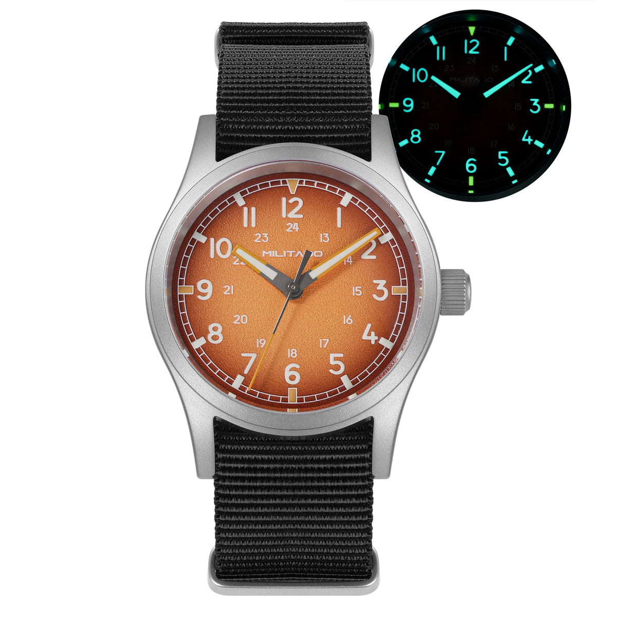 Orange dial field watch with glow inset