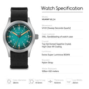 Specification card with the field watch’s measurements
