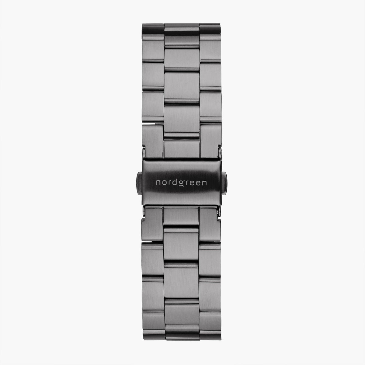 Gunmetal three-row bracelet and clasp, laid out flat.