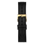 Black strap with tonal stitching and a gold-tone pin buckle, laid out flat.