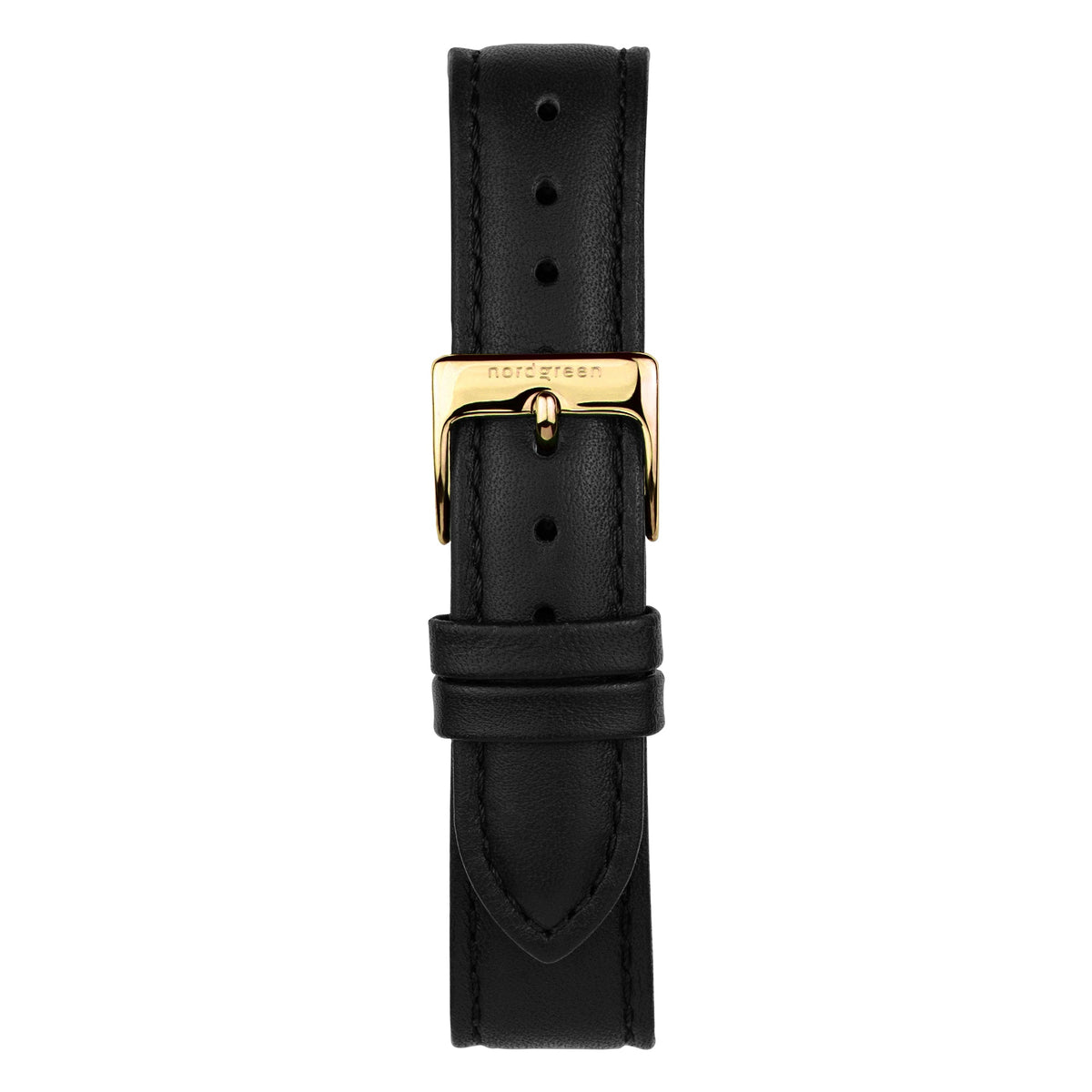 Black strap with tonal stitching and a gold-tone pin buckle, laid out flat.