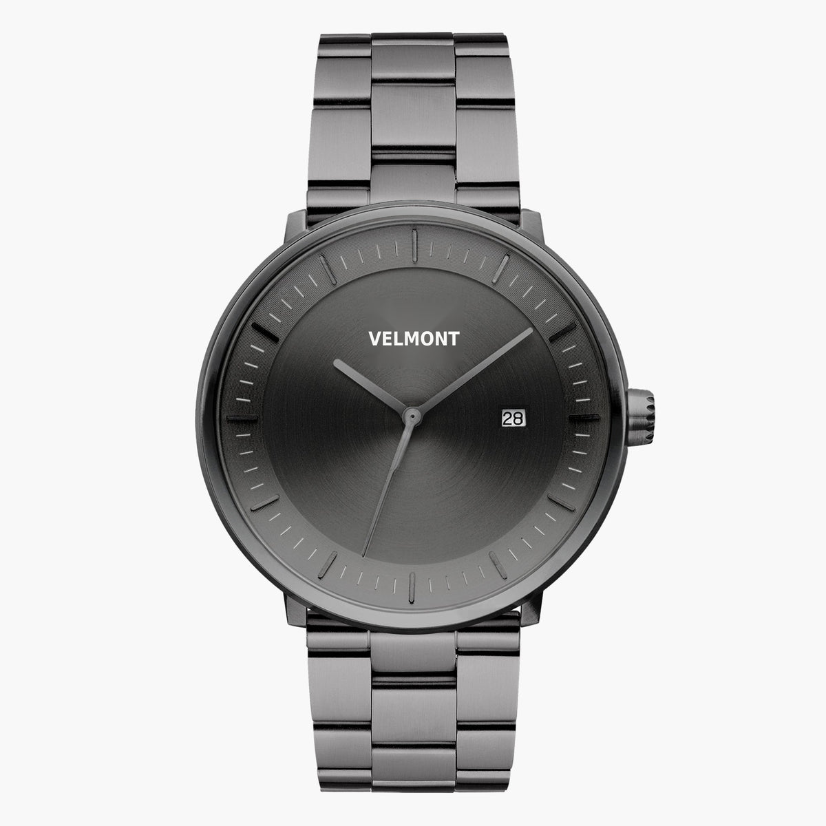 Gunmetal watch with a gray sunburst dial and date window, front view.