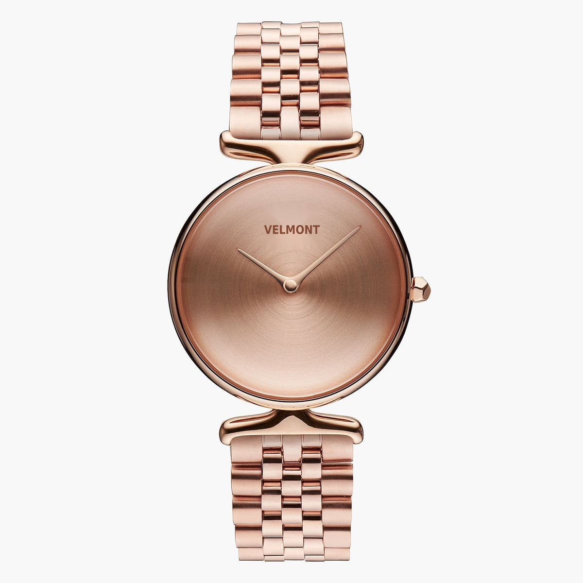Rose gold-tone watch with a sunburst dial and multi-link bracelet, front view.