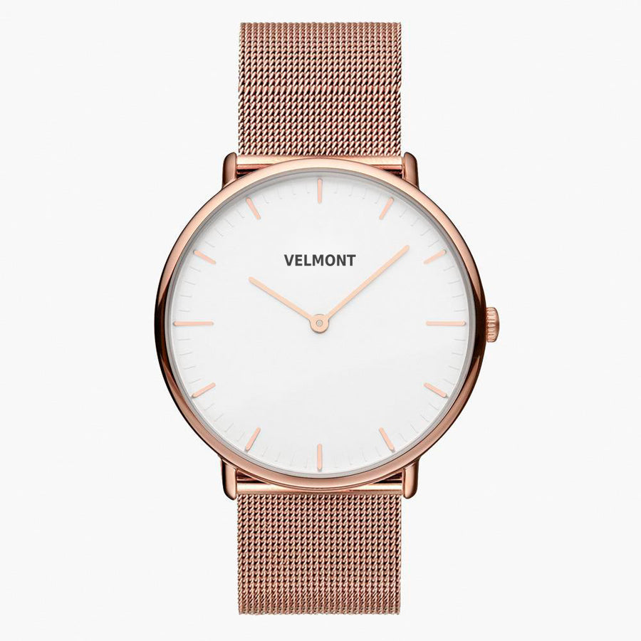 Rose gold-tone watch with a white dial on a rose gold-tone mesh strap.
