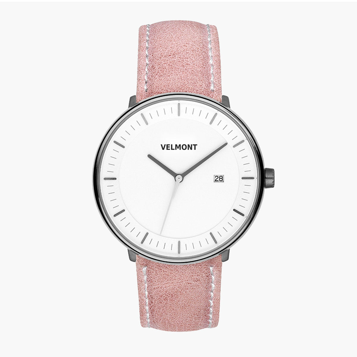 Watch with a white dial and gunmetal case on a pink strap with white stitching.